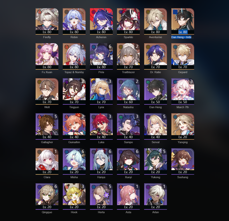 [Asia] TL70 - Firefly,Robin,Acheron,Sparkle,Aventurine,Dan Heng,Fu Xuan, Gepard,Welt,Yanqing,Topaz(E1),Clara(E1)