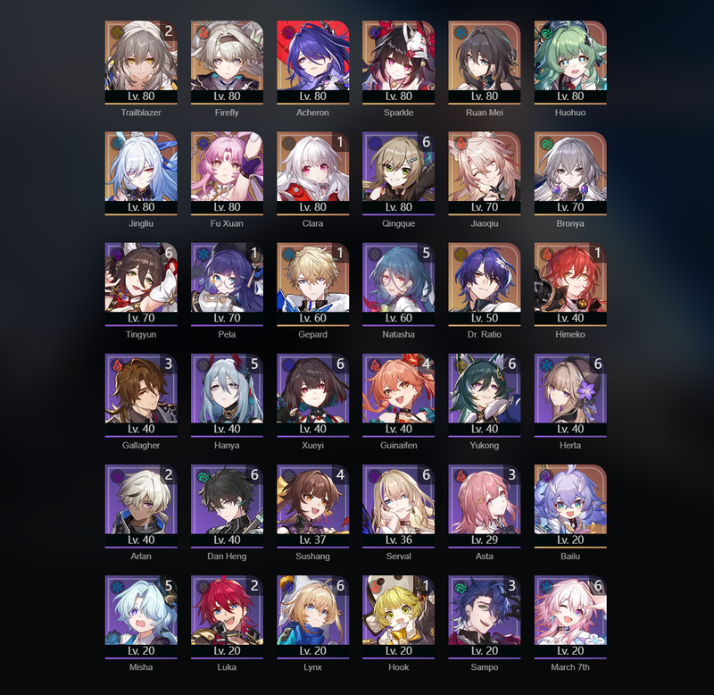 [Asia] TL70 - Firefly,Acheron,Sparkle,Ruan Mei,Huohuo,Jingliu,Fu Xuan,Jiaoqiu,Bronya,Bailu,Clara(E1),Gepard(E1),Himeko(E1)