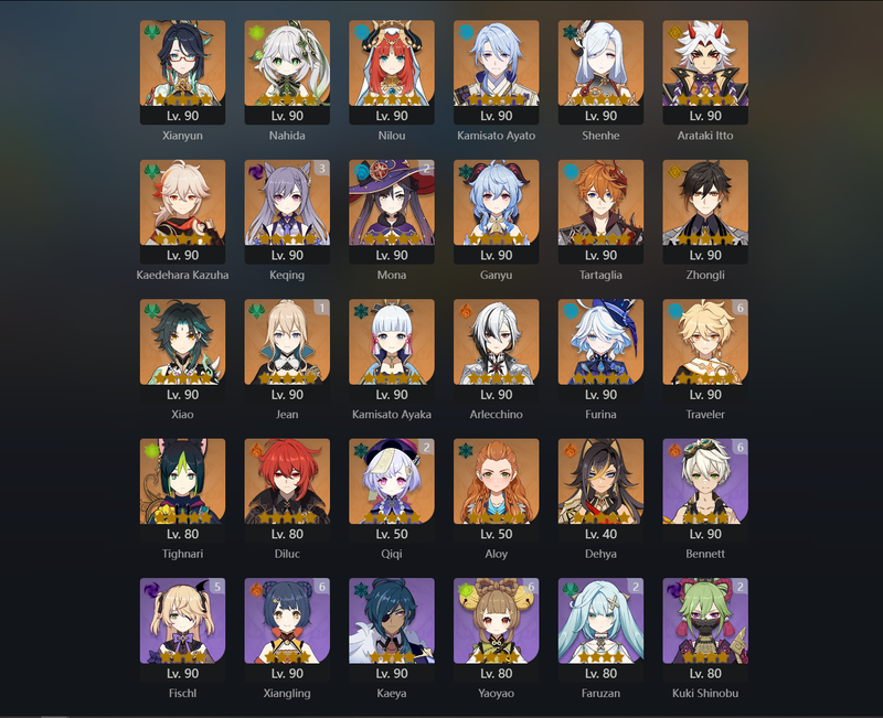 [America] AR60 - Xianyun,Ndahida,Nilou,Ayato,Shenhe,Itto,Kazuha,Ganyu,Tartaglia,Zhongli,Xiao,Ayaka,Arlecchino,Furina,Tighnari,Diluc,Dehya,Jean(C1),Mona(C2),Qiqi(C2),Keqing(c3)