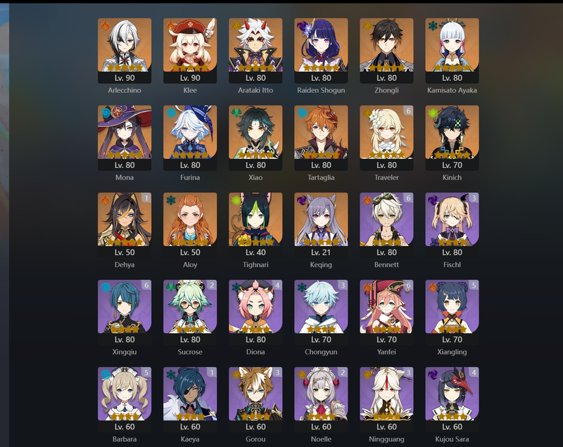 [Eu] AR56 - Arlechino,Klee,Itto,Raiden Shogun,Zhongly,Ayaka,Furina,Xiao,Tartaglia,Kinich,Tighnari,Keqing,Mona