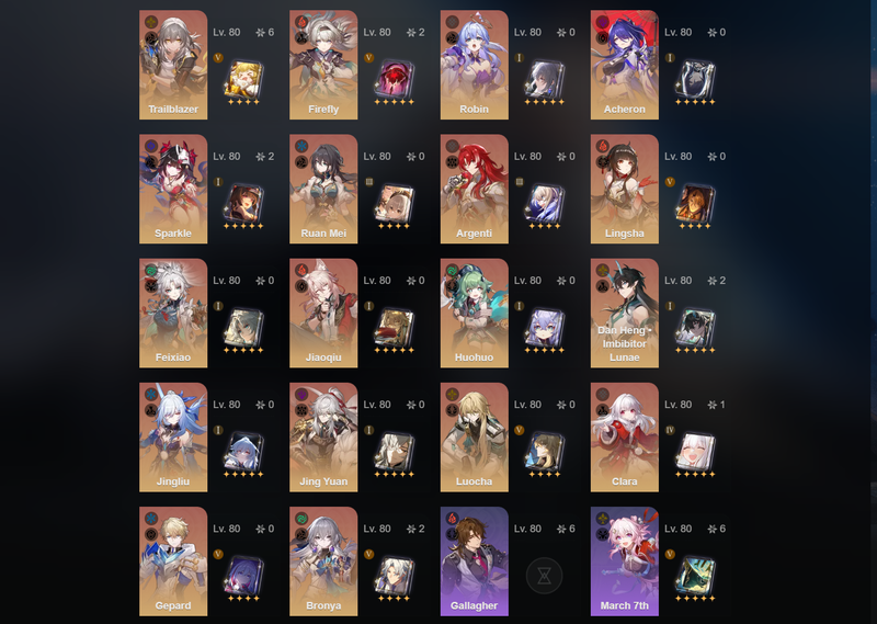 [Asia] TL70 - Robin,Acheron,Ruan Mei,Argenti,Lingsha,Feixiao,Jiaoqiu,Huohuo,Jingliu,Jing Yuan,Luocha,Gepard,Himeko,Firefly(E2),Sparkle(E2),Dan Heng(E2),Bronya(E2)