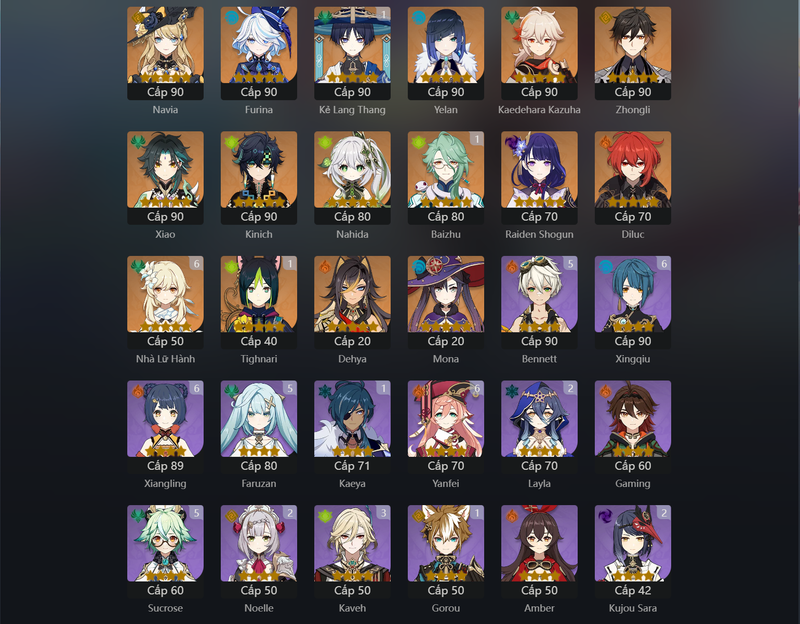 [America] AR58 - Navia,Furina,Yelan,Kazuha,Zhongli,Xiao,Kinich,Nahida,Raiden Shogun,Diluc,Dehya,Mona,Wanderer(C1),Baizhu(C1),Tighnari(C1)[Primogems:10000]