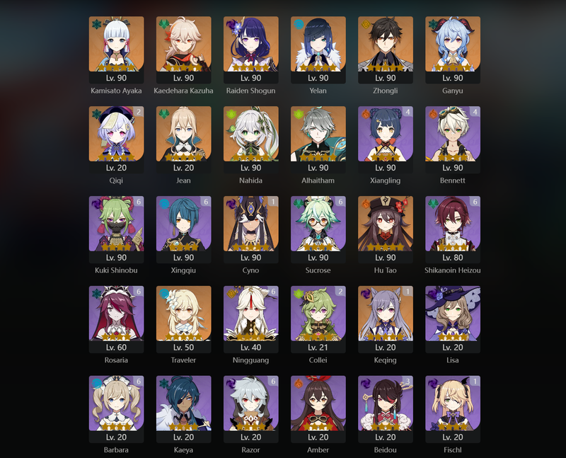 [Eu] AR59 - Ayaka, Kazuha, Raiden Shogun, Yelan, Zhongli, Ganyu, Nahida, Alhaitham, Hu Tao, Cyno(C1), Keqing(C1), Qiqi(C2)