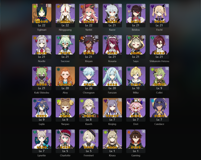 [Asia] AR60 - Venti,Xiao,Zhongli,Tartaglia,Jean,Ganyu,Albedo,Mona,Kazuha,Raiden Shogun,Itto,Cyno,Nahida,Wanderer,Furina,Tighnari(C1),Keqing(C1),Qiqi(C2),Diluc(C3)