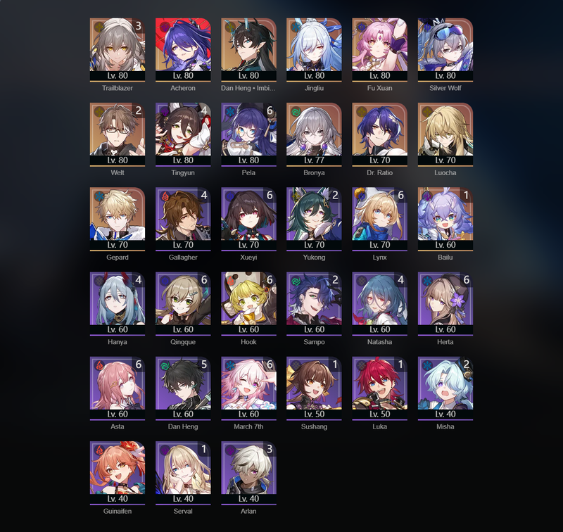 [Eu] TL70 - Acheron, Danheng, Jingliu, Fu Xuan, Silver Wolf, Bronya, Luocha, Gepard, Bailu(E1), Welt(E2)