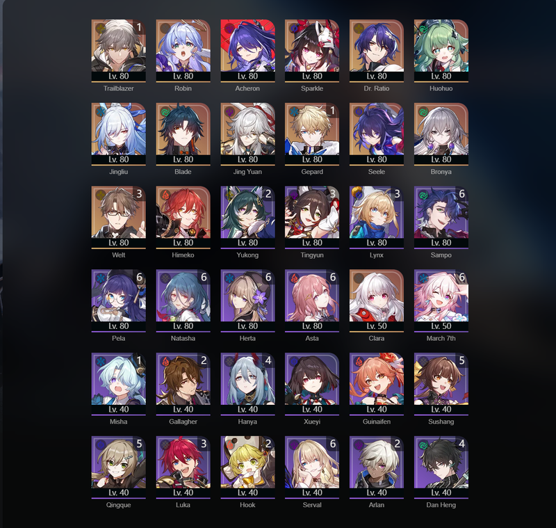 [Eu] AR70 - Robin, Acheron, Sparkle, Huohuo, Jingliu, Blade, Jing Yuan, Seele, Bronya, Himeko, Clara, Gepard(E1), Welt(E3)