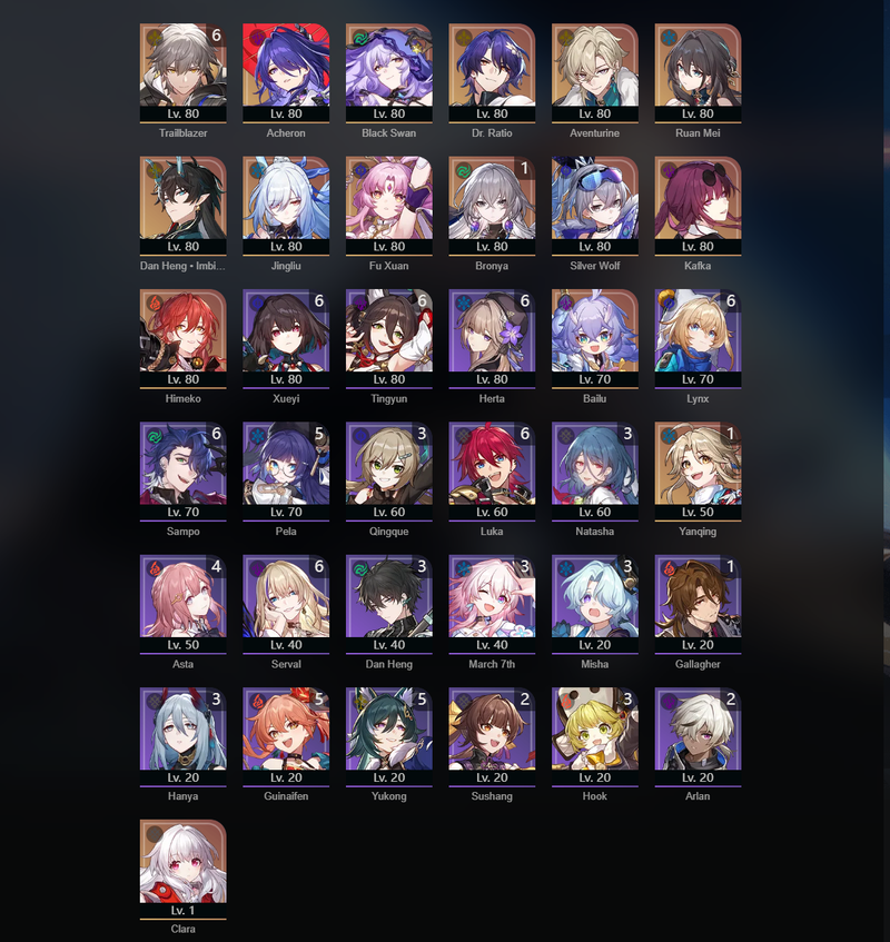 [Asia] TL70 - Acheron,Black Swan,Aventurine,Ruan MEi,Dan Heng,Jingliu,Fu Xuan,Silver Wolf,Kafka,Himeko,Bailu,Bronya(E1),Yanqing(E1)