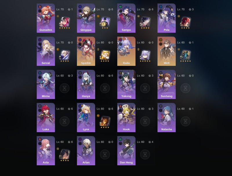 [America] TL70 - Robin,Acheron,Ruan MEi,Yunlin,Jingliu,Bronya,Sparkle,Bailu,Aventurine(E1),Gepard(E1),Welt(E1),Himeko(E2)