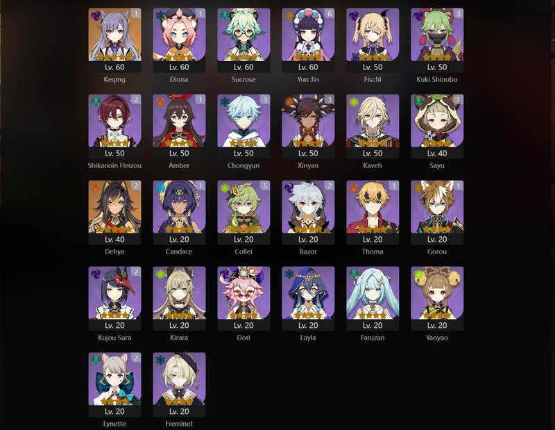 [America] AR57 - Zhongli, Ganyu, Kazuha, Yoimiya, Raiden Shogun, Ayato, Jean, Neuvillette, Xiao, Qiqi, Diluc(C1), Keqing(C1), Dehya(C2)