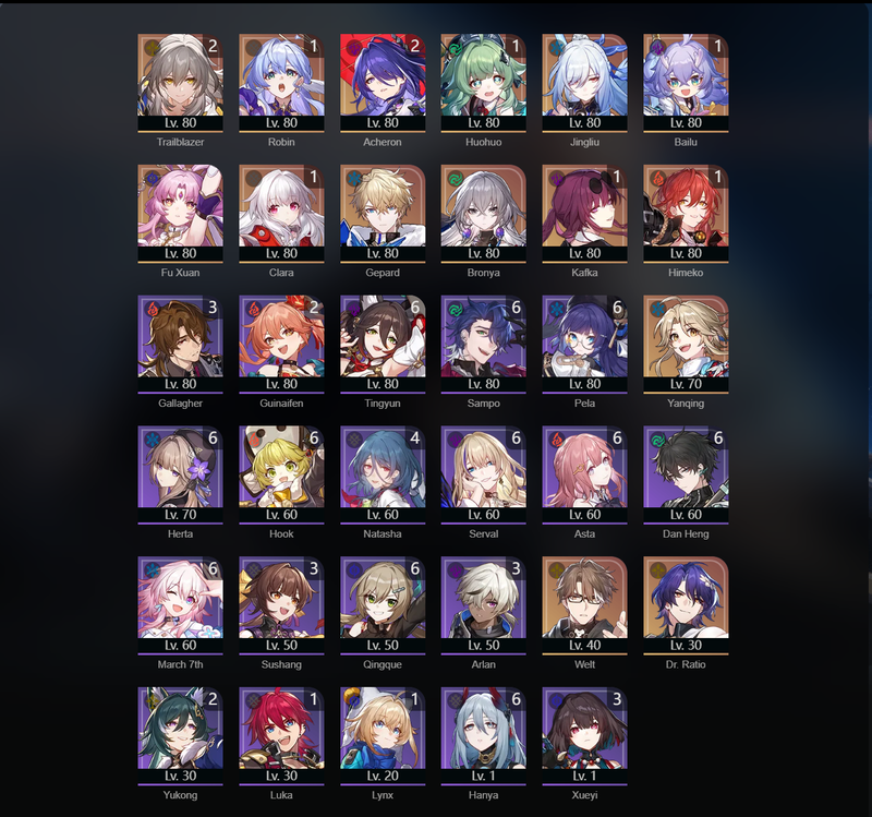 [Asia] TL70 - Jingliu, Fu Xuan, Gepard, Bronya, Yanqing, Welt, Dr.Ratio, Robin(E1), Huohuo(E1), Bailu(E1),Clara(E1),Kafka(E1),Himeko(E1),Acheron(E2)