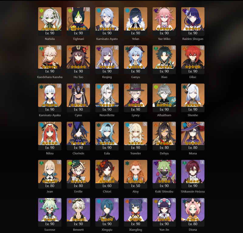 [America] AR60 - Nahida,Ayato,Yelan,Yae Miko,Raiden Shogun,Hu Tao,Ganyu,Neuvillette,Lyney,Alhaitham,Shenhe,Nilou,Clorinde,Eula,Emilie,Chiori,Kazuha(C1),Xiao(C1),Cyno(C1),Ayaka(C2)