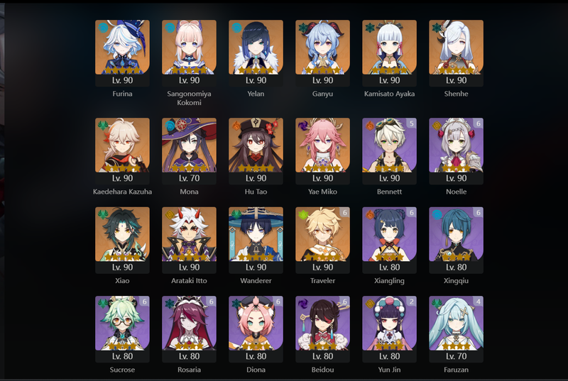 [America] AR59 - Ganyu, Shenhe, Ayaka, Yelan, Kokomi, Furina, Kazuha, Mona, Hu tao, Yae Miko, Xiao, Itto, Wanderer, Diluc, Jean(C2), Keqing(C4)