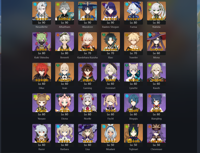 [Eu] AR57 - Nueillette,Alhaitham,Wanderer,Raiden Shogun,Furina,Nahida,Kazuha,Xiao,Jean,Mualani,Tighnari,Ayato,Dehya,Keqing,Qiqi,Diluc(C1)