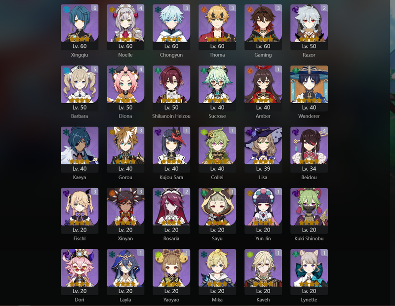 [Asia] AR58 - Zhongli, Ganyu, Qiqi,Jean, Eula, Raiden Shogun, Kazuha, Tartaglia, Miko, Wanderer, KEqing(c1), Yelan(C1), Mona(C1)