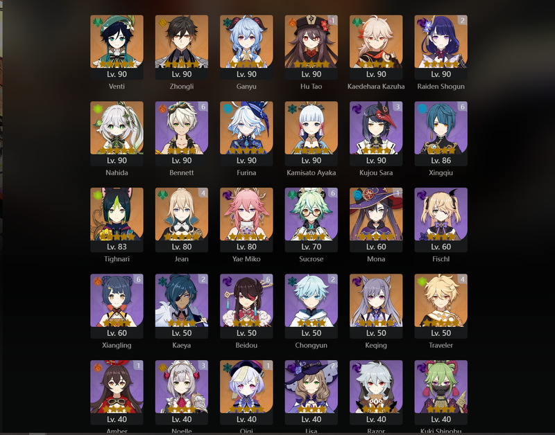 [Asia] AR59 - Venti,Zhongli,Ganyu,Kazuha,Nahida,Furina,Ayaka,Tighnari,Miko,Keqing,Qiqi(C1),Hu tao(C1),Raiden Shogun(C2),Jean(C5)