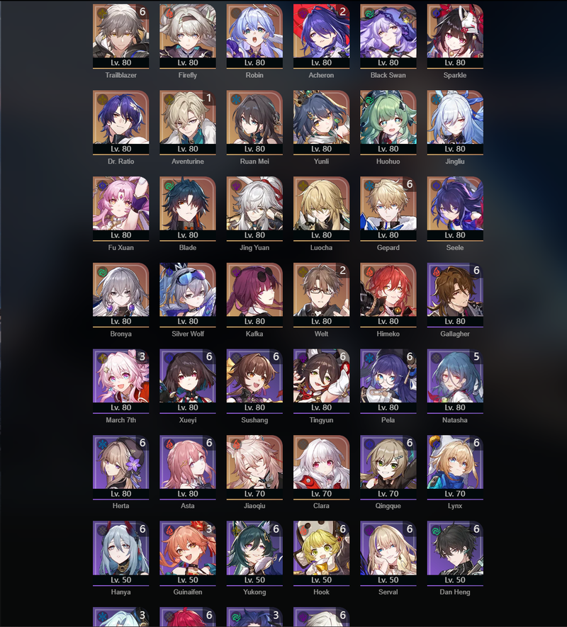 [Eu] TL70 - Firefly,Robin,Black Swan,Sparkle,Ruan Mei,Yunli,Huohuo,Jingliu,Fu Xuan,Blade,Jing Yuan,Luocha,Seele,Bronya,Silver Wolf,Kafka,Himeko,Jiaoqiu,Clara,Aventirune(E1),Welt(E2),Acheron(E2),Gepard(E6)