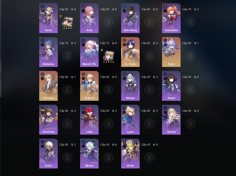 [Asia] TL70 - Jade,Acheron,Ruan Mei,Jingliu,Fu Xuan,Luocha,Bronya,Clara,Silver Wolf,Sparkle(E1),Yanqing(E1),Bailu(E1),Dan HEng(E2)