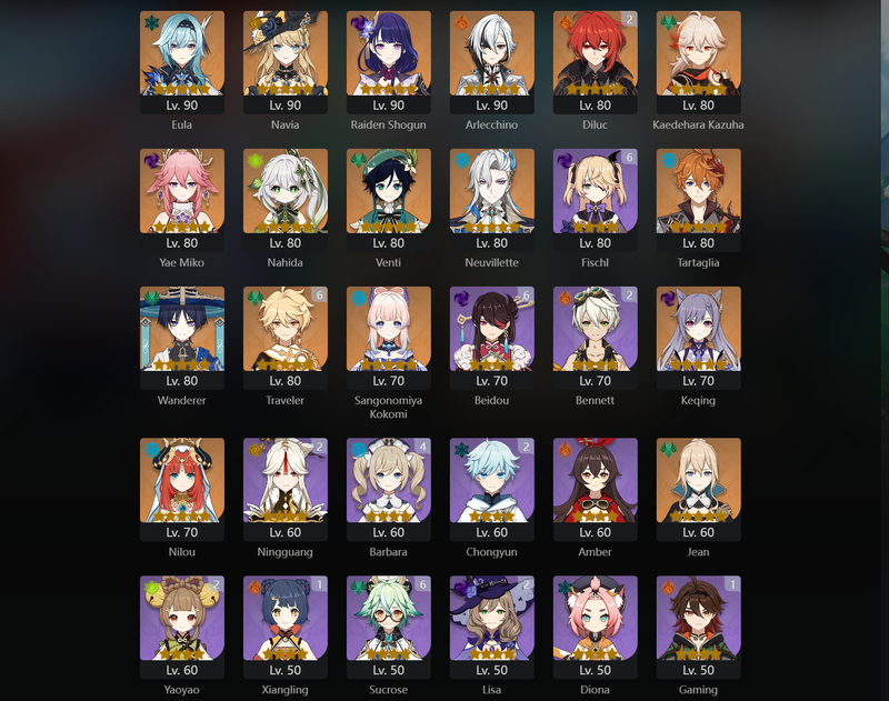 [Asia] AR58 - Eula, Navia, Raiden Shogun, Arlecchino, Kazuha, Yae Miko, Nahida, Venti, Neuvillette, Tartaglia, Wanderer, Kokomi, Keqing, Nilou, Jean, Dehya, Mona(C1), Diluc(C2)[Dead:f]