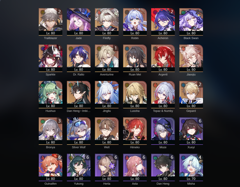 [Asia] TL70 - Lingsha,Jade,Firefly,Robin,Black Swan,Ruan MEi,Argenti,Jiaoqiu,Huohuo,Dan Heng,JingLiu,Luocha,Topaz,Silver Wolf,Welt,Himeko,Yanqing,Sparkle(E1),Aventurine(E1),Acheron(E2),Gepard(E2),Clara(E2),Bronya(E3),Bailu(E3)