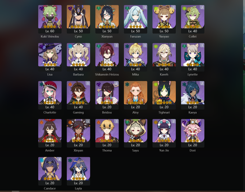 [Asia] AR58 - Xiao, Zhongli, Raiden Shogun, Kokomi, Nahida, Ayato, Wanderer, Cyno, Xianyun, Tighnari, KAzuha(C1), Qiqi(C2), Mona(C2)