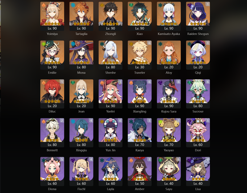 [Eu] AR57 - Yoimiya,Tartaglia,Zhongli,Xiao,Ayaka,Emilie,Mona,Shenhe,Jean,Raiden Shogun(C1),Qiqi(C1),Diluc(C1)