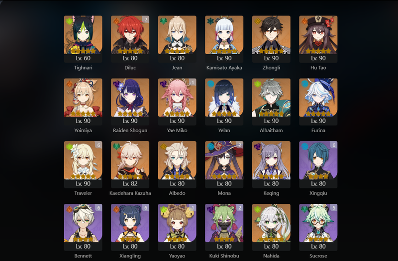 [Asia] AR59 - Ayaka, Zhongli, Hu Tao, Tighnari, Jean, Yoimiya, Raiden Shogun, Yelan, Alhaitham, Furina, Kazuha, Albedo, Keqing, Nahida,Yae Miko(C1) Diluc(C2), Mona(C2),[Dead:T,f,g]