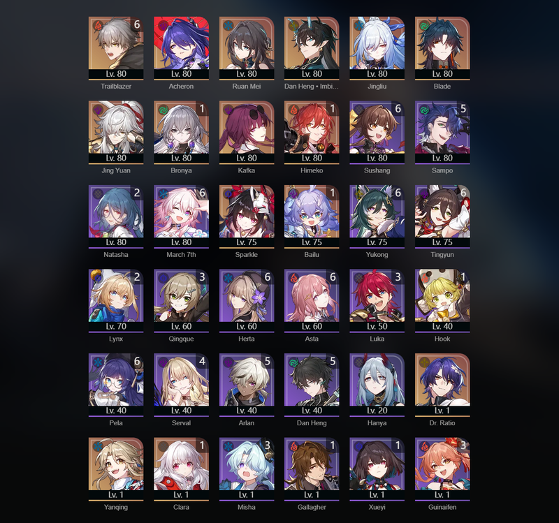 [Asia] TL70 - Acheron,Ruan Mei,Dan Heng,JingLiu,Blade,Jing Yuan,Kafka,Sparkle,Bronya(E1),Himeko(E1),Clara(E1)