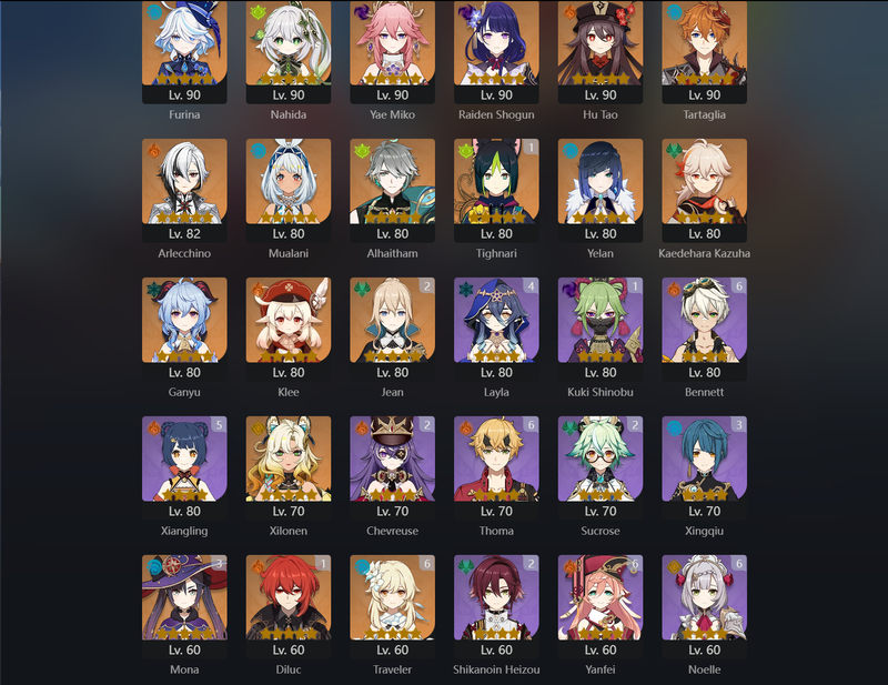 [Eu] AR59 - Furina,Nahida,Miko,Raiden Shogun,Hu Tao,Tartaglia,Arlecchino,Mualani,Alhaitham,Yelan,Kazuha,Ganyu,Klee,Xilonen,Jean(C2),Qiqi(C3),Mona(C3)