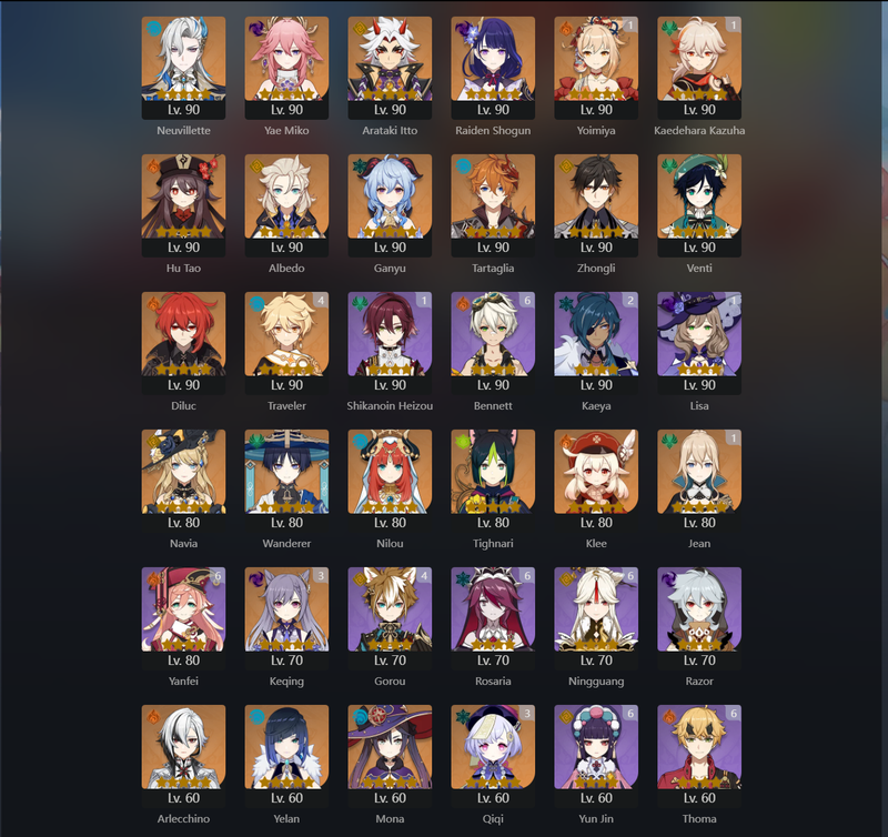 [Eu] AR60 - Xilonen,Neuvillette,Miko,Itto,Raiden Shogun,Hu Tao,Albedo,Ganyu,Tartaglia,Zhongli,Venti,Navia,Wanderer,Nilou,Klee,Arlecchino,Yelan,Yoimiya((C1),Kazuha(C1),Keqing(c3)