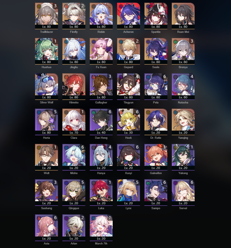 [Asia] TL70 - Robin,Acheorn,Sparkle,Ruan Mei,Jingliu,Fu Xuan,Seele,Silver Wolf,Himeko.Yanqing,Huohuo(E1),Clara(E1),Welt(E1),Firefly(E2),Gepard(E2),Bronya(E3)