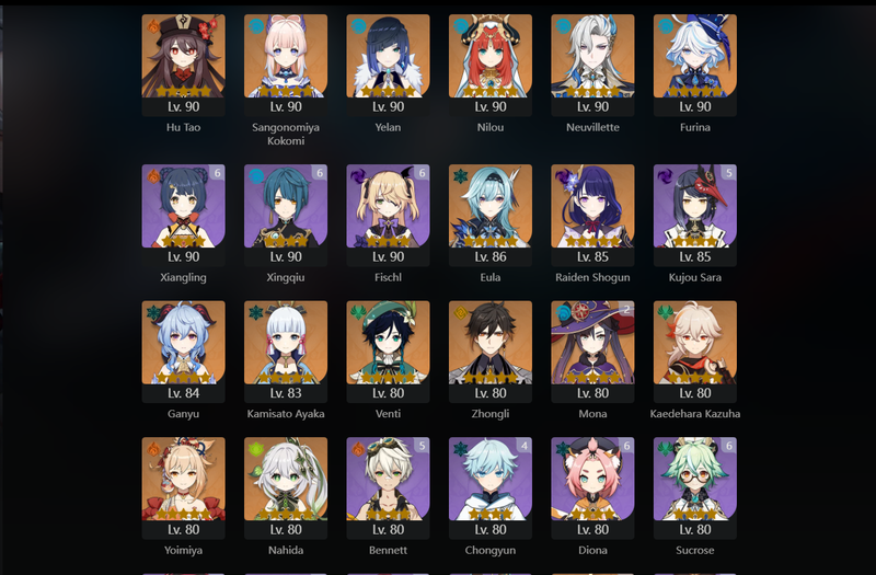 [America] AR60 - Hu Tao, Kokomi, Yelan, Nilou, Neuvillette, Furina, Eula, Raiden Shogun, Ganyu, Ayaka, Venti, Zhongli, Kazuha, Yoimiya, Nahida, Jean, Dehya, Qiqi(c1), Jeqing(C2), Mona(C2), Diluc(C3)