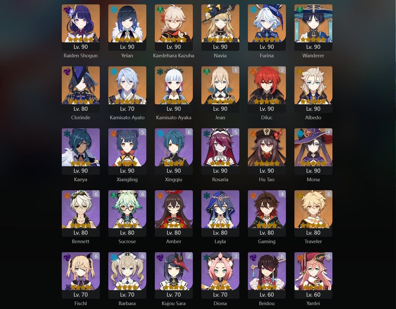 [America] AR59 - Raiden Shogun,Yelan,Kazuha,Navia,Furina,Wanderer,Clorinde,Ayato,Ayaka,Albedo,Hu Tao,Tighnari,Keqing,Dehya,Jean(C1),Mona(C1),Diluc(C2)