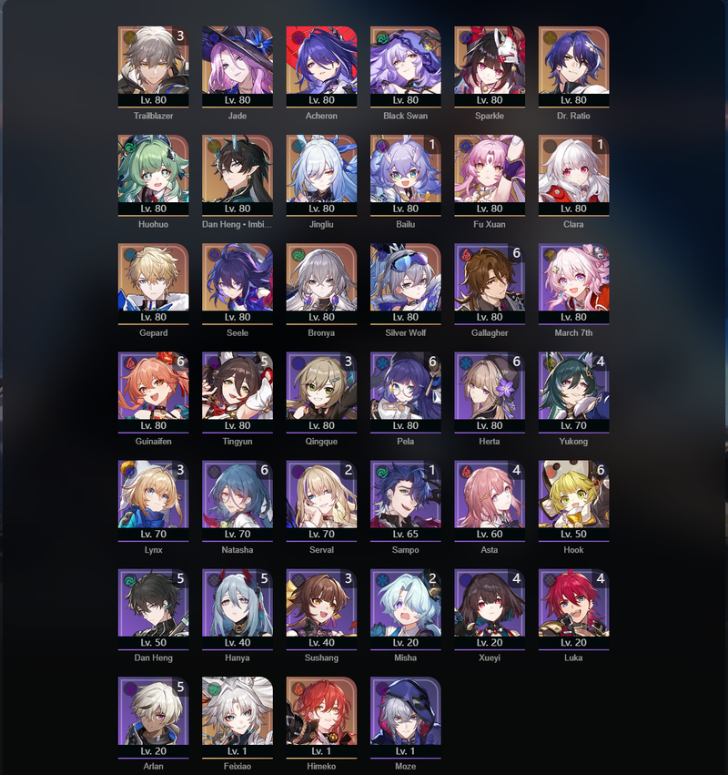 [Asia] TL70 - Feixiao,Jade,Acheron,Black Swan,Sparkle,Huohuo,Dan Heng,Jingliu,Fu Xuan,Seele,Gepard,Himeko,Clara(E1),Bailu(E1)