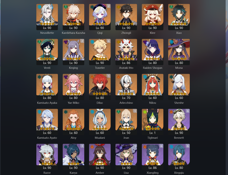 [America] AR59 - Neuvillette,Kazuha,Zhongli,Klee,Xiao,Venti,Raiden Shogun,Itto,Ayaka,Miko,Arlechino,Nilou,Shenhe,Ayato,Mualani,Diluc(C1),Qiqi(C2),Jean(C2)