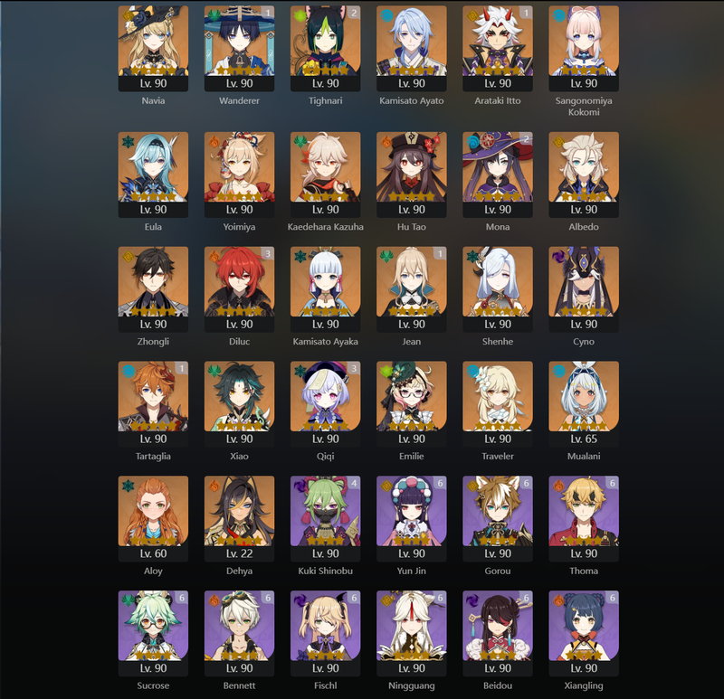 [America] AR60 - Navia,Ayato,Kokomi,Eula,Yoimiya,Kazuha,Hu Tao,Albedo,Zhongli,Ayaka,Shenhe,Cyno,Xiao,Emilie,Mualani,Dehya,Wanderer(C1),Itto(C1),Tartaglia(C1),Tighnari(C2),Diluc(C3),Qiqi(C3)