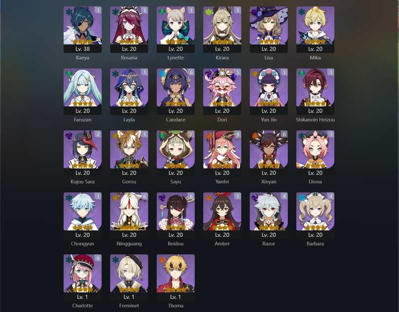 [Eu] AR59 - Nahida,Nilou,Kokomi,Kazuha,Furina,Yelan,Ganyu,Zhongli,Ayaka,Raiden Shogun,Venti,Neuvillette,Keqing,Arlecchino,Hu Tao(C1),Diluc(C1)