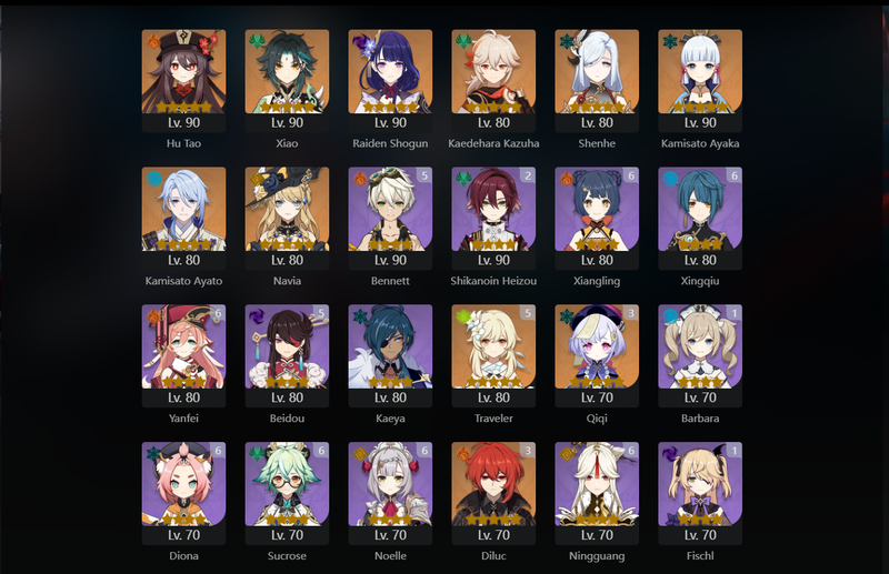 [Eu] AR58 - Hu Tao, Xiao, Raiden Shogun, Kazuha, Shenhe, Ayaka, Tighnari, Ayato, Navia, Furina, Albedo,Keqing, Wriothesley, Qiqi(C3), Jean(C3), Diluc(C3)