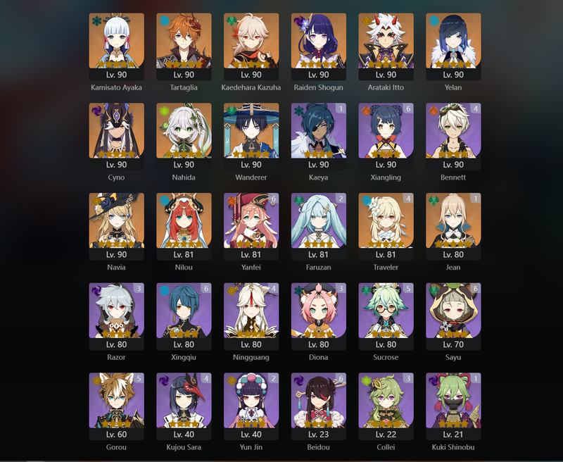 [Asia] AR60 - Ayaka,Tartaglia,Kazuha,Raiden Shogun,Itto,Yelan,Cyno,Nahida,Wanderer,Navia,Nilou,Qiqi,Keqing,Jean(C1),Diluc(C2)