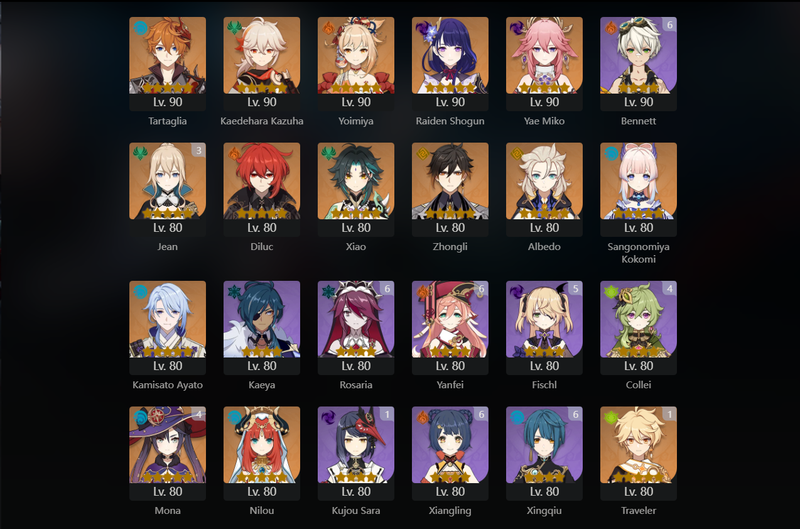 [America] AR58 - Tartaglia, Kazuha, Yoimiya, Raiden Shogun, Yae Miko, Diluc, Xiao, Zhongli, Albedo, Kokomi, Ayato, Nilou, Itto, Cyno, Qiqi, Keqing, Alhaitham, Jean(C3), Mona(C4)