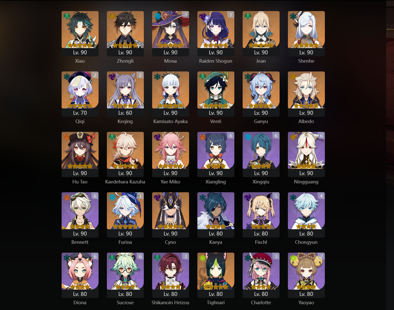 [America] AR60 - Xiao, Zhongli, Jean, Shenhe, Ayaka, Venti, Ganyu, Albedo, Hu Tao, Kazuha, Yae Miko, Cyno, Tighnari, Arleccino, Diluc, Dehya, Raiden Shoun(C1), Furina(C1), Qiqi(C2), Keqing(C2), Mona(C3)[Dead:g]