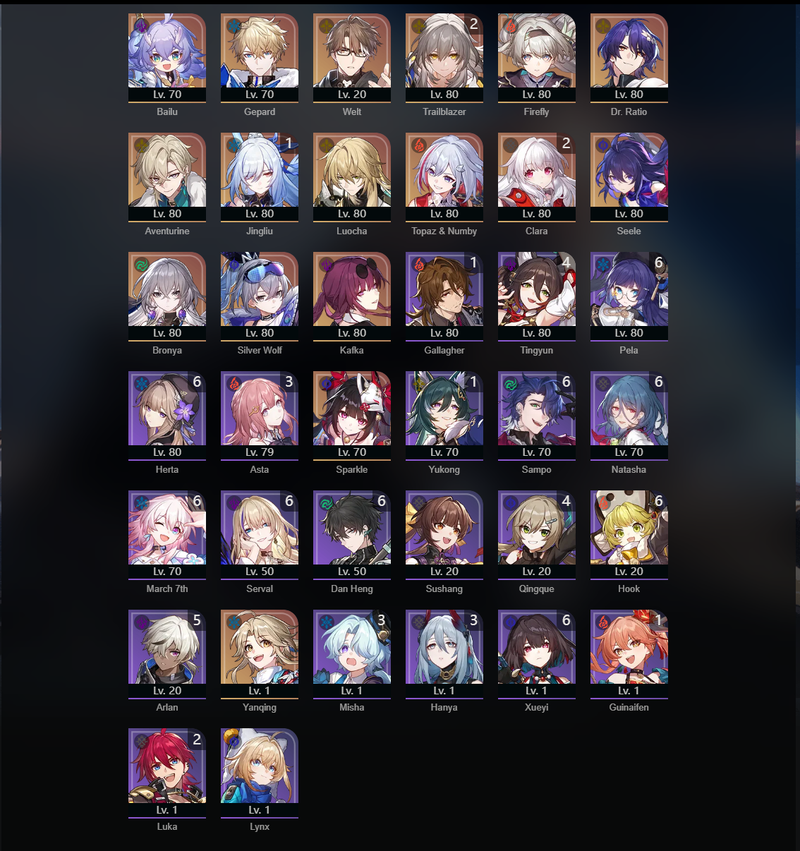 [Asia] TL70 - Firefly,Aventurine,Luocha,Topaz,Seele,Bronya,Silver Wolf,Kafka,Sparkle,Yanqing,Bailu,Gepard,Wellt,Jingliu(E1),Clara(E2)