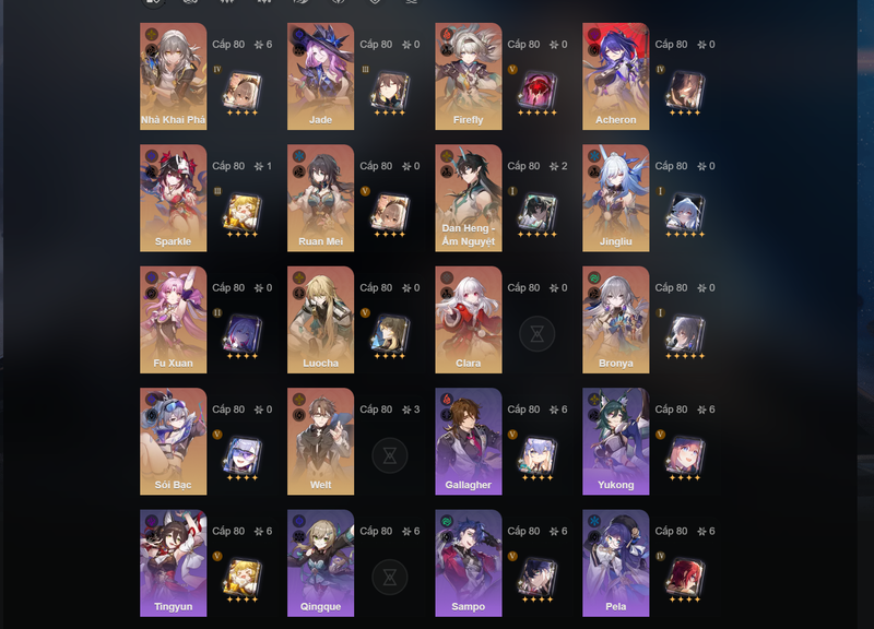 [Asia] TL70 - Jade,Acheron,Ruan Mei,Jingliu,Fu Xuan,Luocha,Bronya,Clara,Silver Wolf,Sparkle(E1),Yanqing(E1),Bailu(E1),Dan HEng(E2)