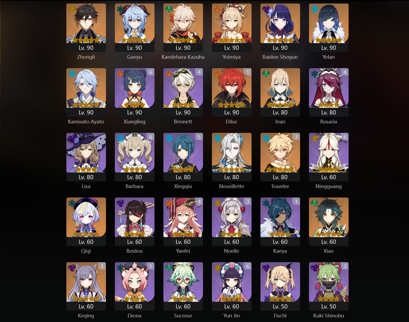 [America] AR57 - Zhongli, Ganyu, Kazuha, Yoimiya, Raiden Shogun, Ayato, Jean, Neuvillette, Xiao, Qiqi, Diluc(C1), Keqing(C1), Dehya(C2)