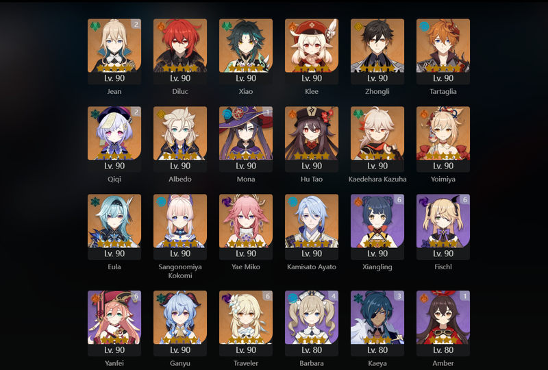 [Asia] AR59 - Nilou, Diluc, Xiao, Klee, Zhongli, Tartaglia, Albedo, Hu Tao, Kazuha, Yoimiya, Eula, Kokomi, Yae Miko, Ayato, Ganyu, Mona(C1), Jean(C2), Qiqi(C2)