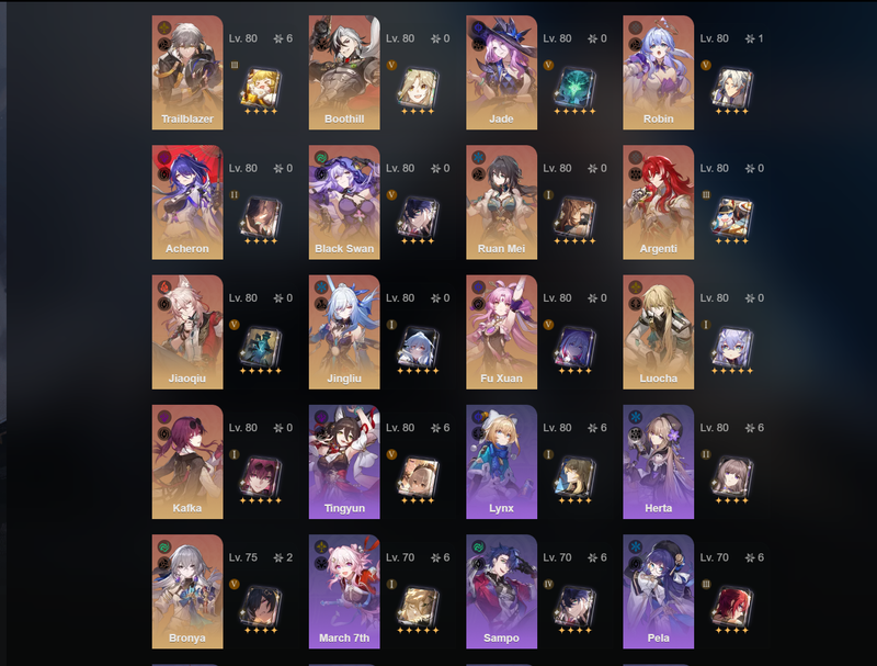 [Asia] TL70 - Boothill,Jade,Acheron,Black Swan,Ruan Mei,Argenti,Jiaoqiu,Jingliu,Fu Xuan,Luocha,Kafka,Yanqing,Clara,Welt,Robin(E1),Himeko(E1),Clara(E1).Bronya(E2)