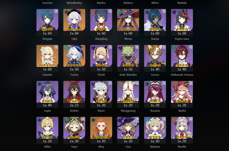 [Asia] AR60 - Venti, Klee, Tartaglia, Raiden Shogun, Lyney, Shenhe, Neuvileette, Hu tao, Wriothesley, Baizhu, Nilou, Nahida, Qiqi, Mona, Furina, Xiao(C1), Zhongli(C1), Tighnari(C1), Diluc(C2), Jean(C3)