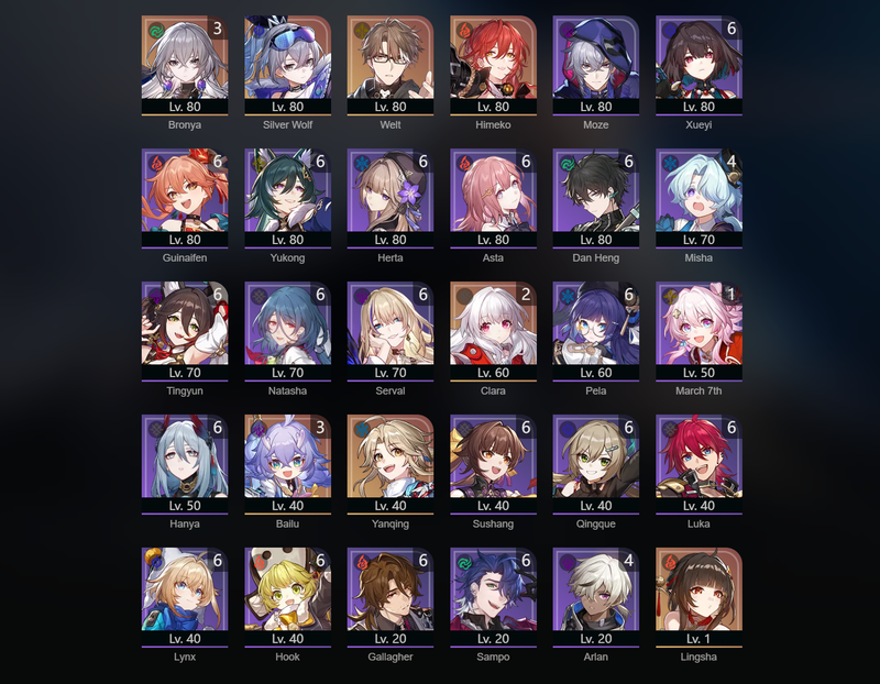 [Asia] TL70 - Lingsha,Jade,Firefly,Robin,Black Swan,Ruan MEi,Argenti,Jiaoqiu,Huohuo,Dan Heng,JingLiu,Luocha,Topaz,Silver Wolf,Welt,Himeko,Yanqing,Sparkle(E1),Aventurine(E1),Acheron(E2),Gepard(E2),Clara(E2),Bronya(E3),Bailu(E3)