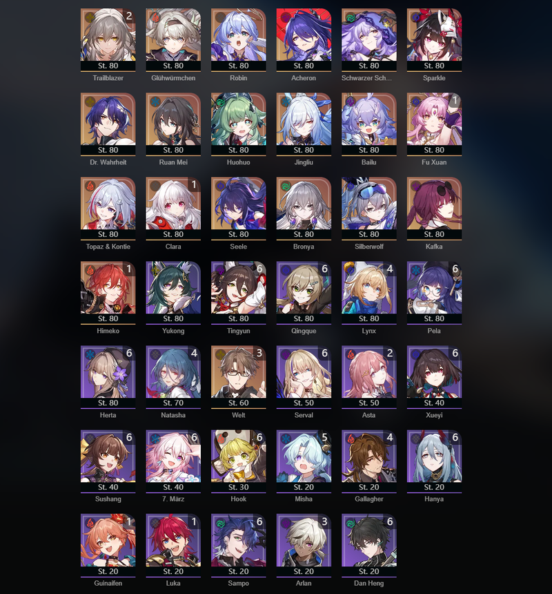 [Asia] TL70 - Friefly,Robin,Acheron,Black Swan,Sparkle,Ruan Mei,Huohuo,Jingliu,Bailu,Topaz,Seele,Bronya,Silver Wolf,Kafka,Clara(E1),Himeko(E1),Welt(E3)