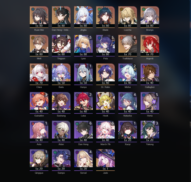 [America] AR68 - Jade,Ruan Mei,jingliu,Blade,Luocha,Bronya,Welt,Argenti,Bailu,Dr.Ratio,Bailu(E1)