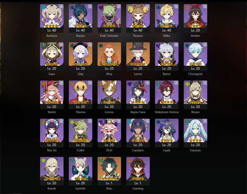 [Asia] AR60 - Xiao,Zhongli,Tartaglia,Kazuha,Kokomi,Shenhe,Hu Tao,Raiden Shogun,Yoimiya,Nahida,Venti,Yae Miko,Xianyun,Lyney,Mona(C1),Qiqi(C1),Jean(C3),Diluc(C4),Ayaka(C6)